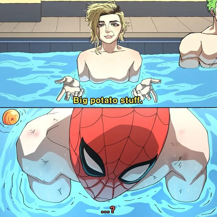 Spiderman Feet Scene Spider Man Brand New Day — Two-panel comic parody of the Spider-Man pool feet scene captioned "Big potato stuff."