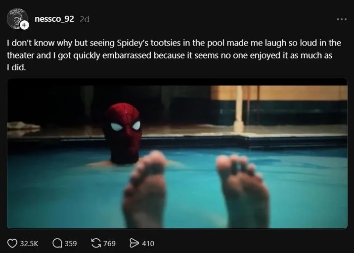 Spiderman Feet Scene Spider Man Brand New Day — Threads post by nessco_92 reacting to Spider-Man's feet in the pool scene, with the movie still below.