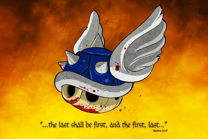 Mario Kart Blue Shell — Winged Blue Shell art with Matthew 20:16 biblical quote on fiery background