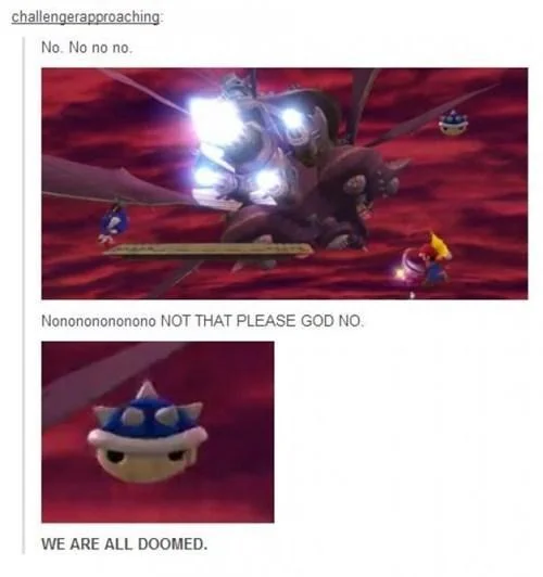 Mario Kart Blue Shell — Tumblr post joking that the Blue Shell in Smash Bros means we are all doomed