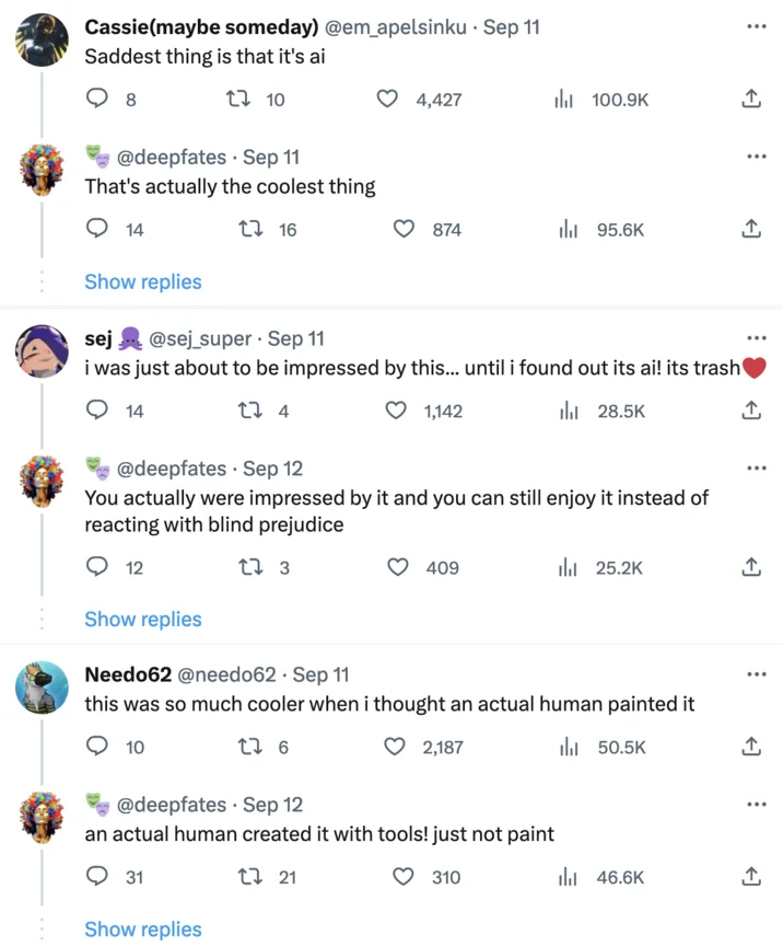 Spiral Town Ai Spiral Art — Screenshot of a Twitter conversation thread featuring multiple users debating the authenticity of the spiral town image.