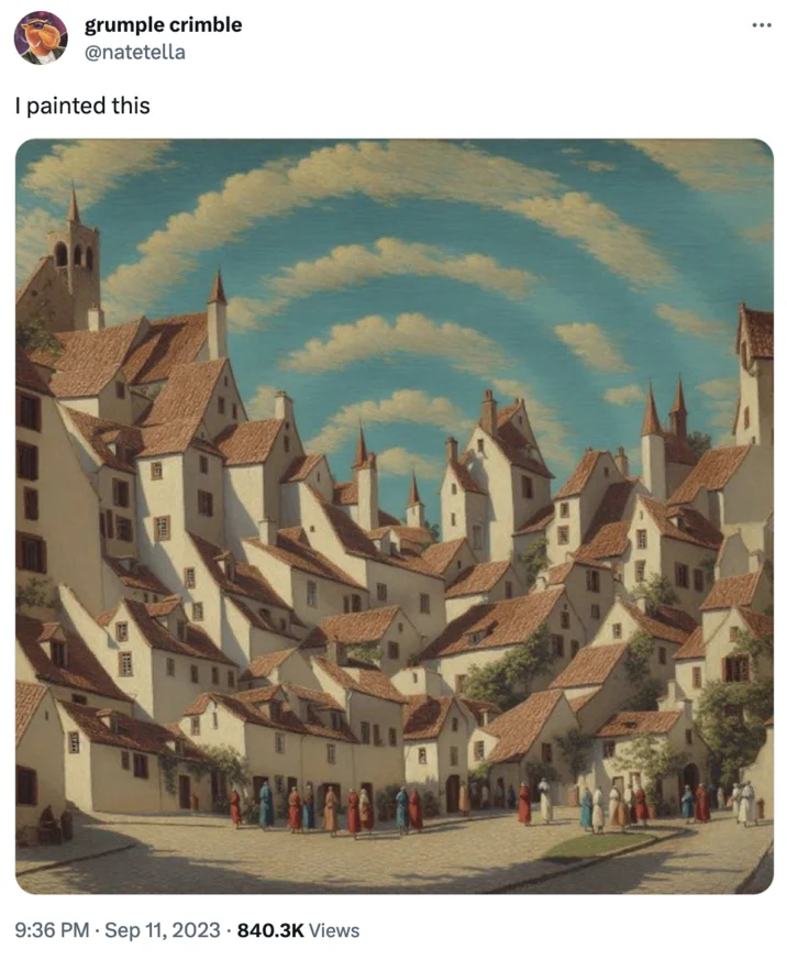 Spiral Town Ai Spiral Art — X post claiming 'I painted this' under the spiral town image, satirizing the creator confusion.
