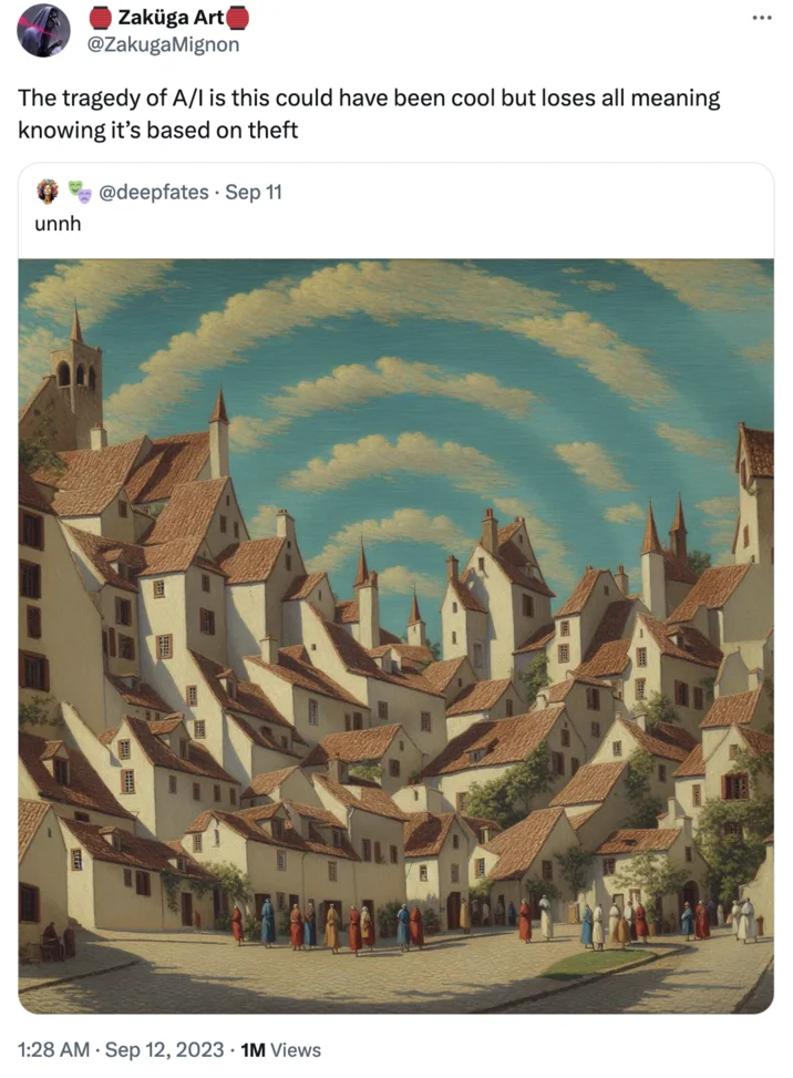 Spiral Town Ai Spiral Art — X post from Zakura Art criticizing AI art and stating the spiral town loses meaning knowing it's AI-generated.