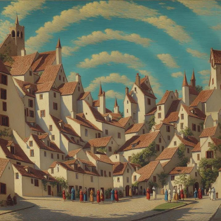 Spiral Town Ai Spiral Art — AI-generated painting depicting European medieval town buildings arranged in a striking spiral optical illusion pattern around a