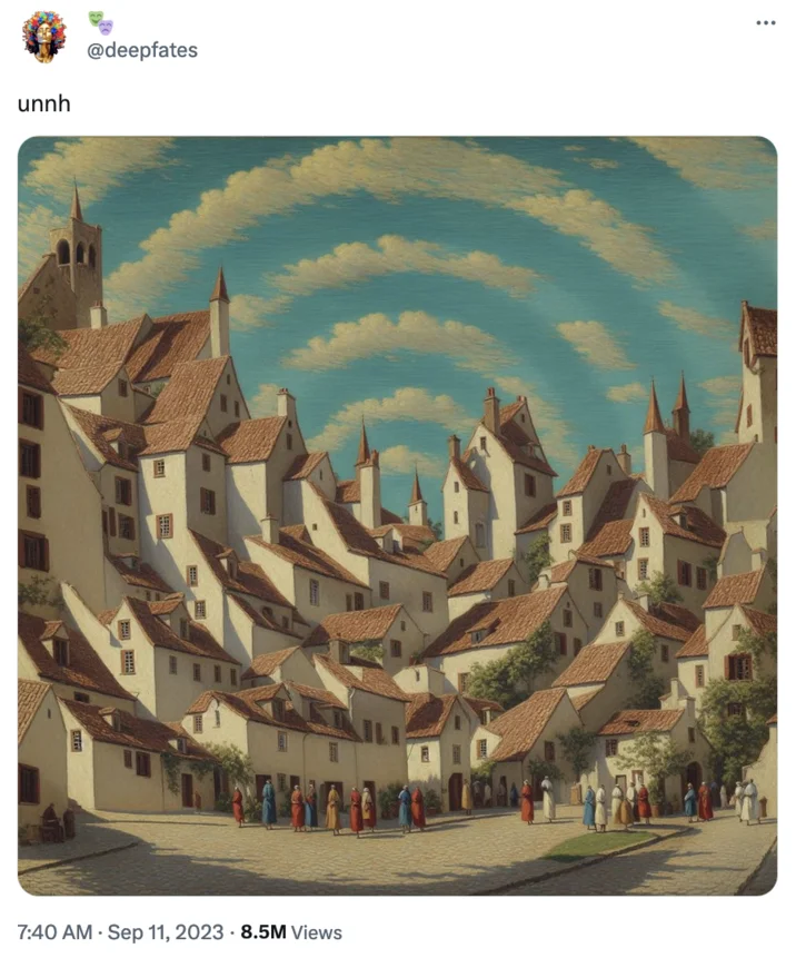 Spiral Town Ai Spiral Art — X/Twitter post showing the spiral town artwork with the original poster's caption 'umnh.'