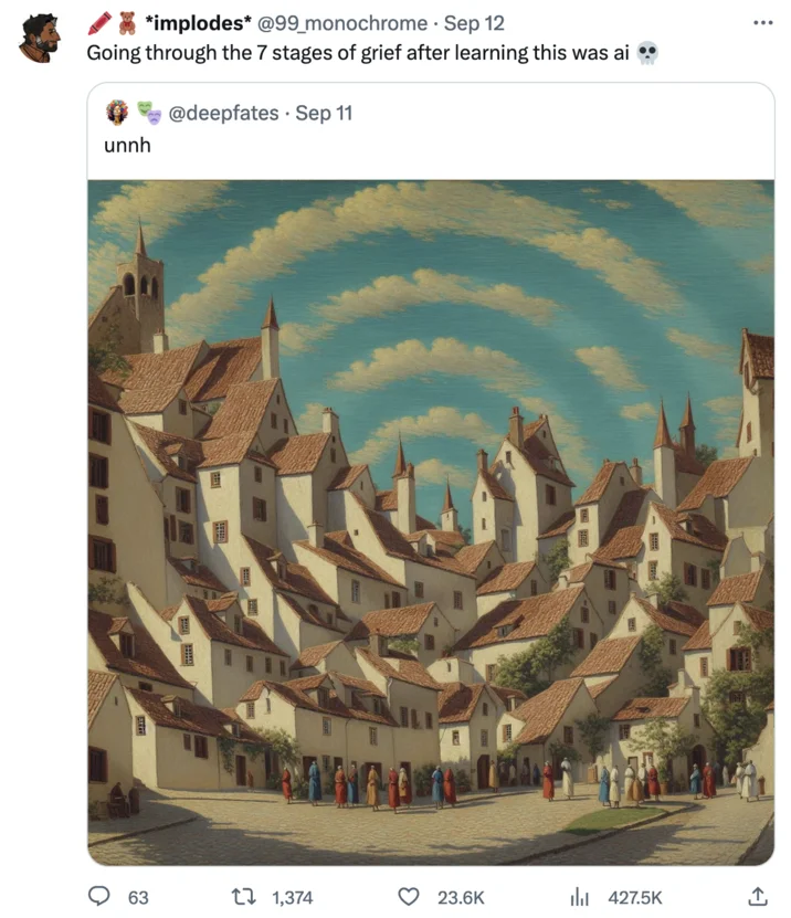Spiral Town Ai Spiral Art — X post featuring the spiral town image with a joke about going through stages of grief after learning it was AI.