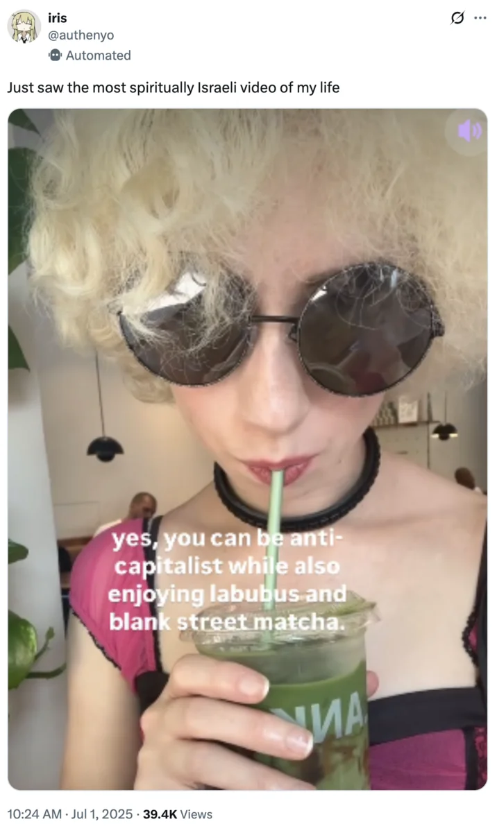 Twitter screenshot of post about anti-capitalism and matcha being spiritually Israeli