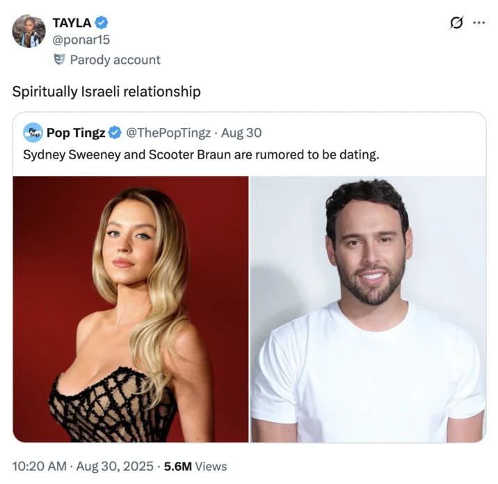 Twitter screenshot calling Sydney Sweeney and Scooter Braun relationship spiritually Israeli