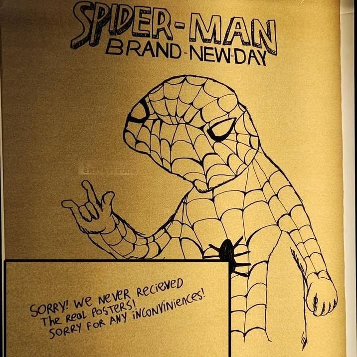 Close-up of hand-drawn Spider-Man Brand New Day poster in Spoderman style with apology note