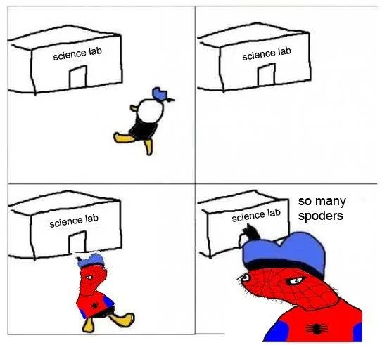 Four-panel Spoderman origin comic ending with 'so many spoders' caption