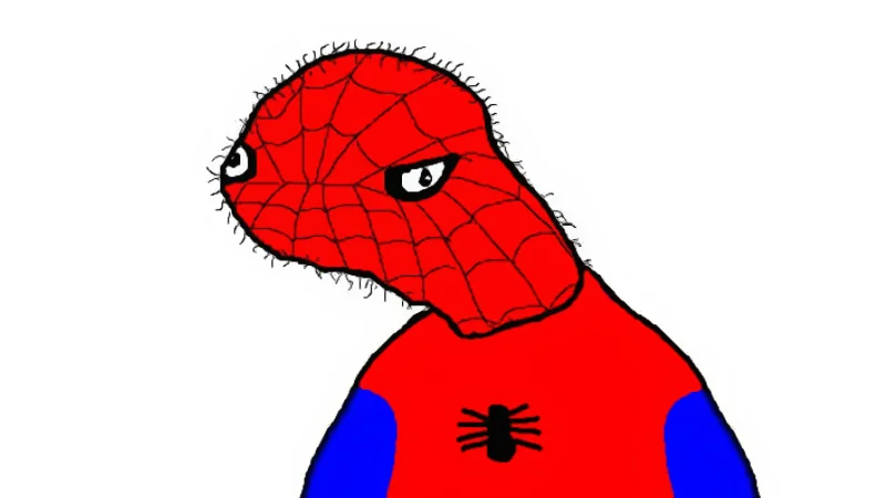 Crudely drawn cartoon Spider-Man with elongated head and stubble, known as Spoderman