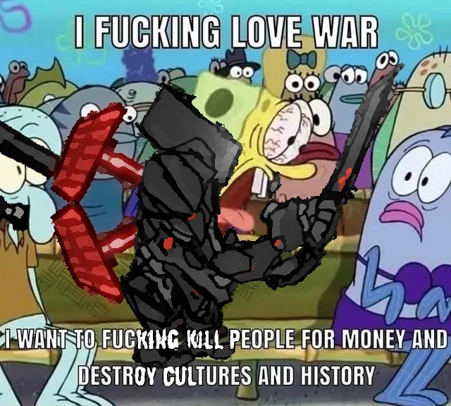 Spongebob I Fucking Love X — SpongeBob 'I fucking love war' meme with a Halo Spartan armored figure holding a gravity hammer and sword pasted over SpongeBob