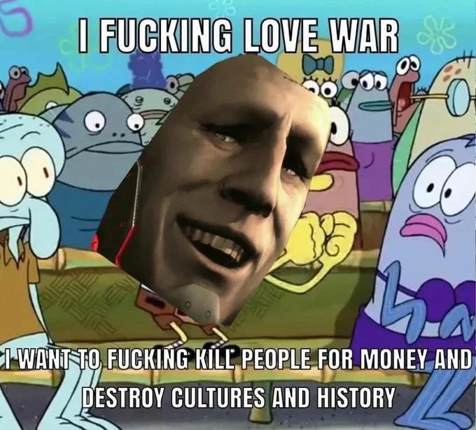 Spongebob I Fucking Love X — SpongeBob 'I fucking love war' meme edited with John Cena's face replacing SpongeBob's head