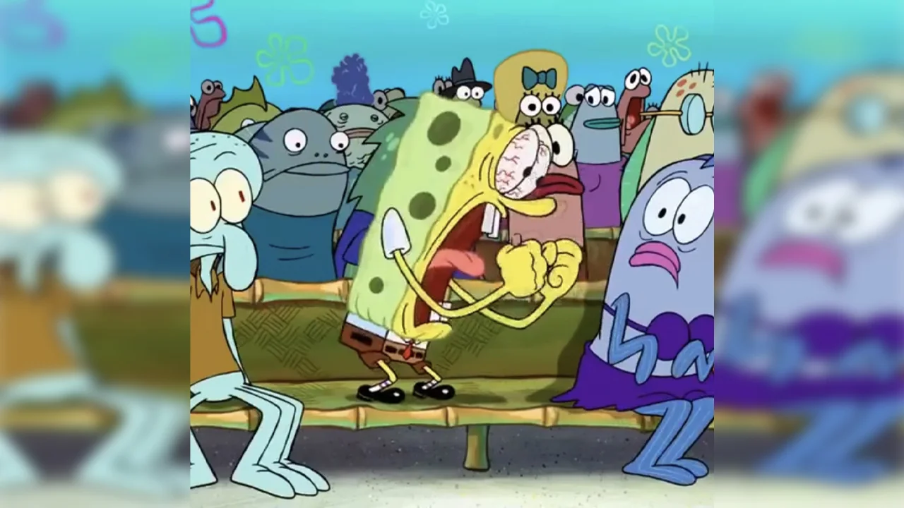 Spongebob I Fucking Love X — SpongeBob SquarePants screaming with veiny eyes and clenched fists in front of a shocked crowd