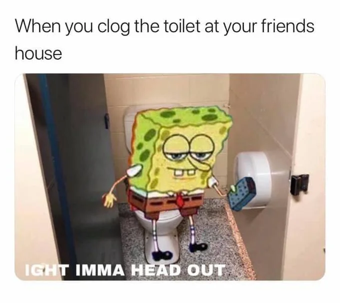 Spongebob Ight Imma Head Out — A SpongeBob costume positioned in a bathroom setting as a real-world application of the meme.