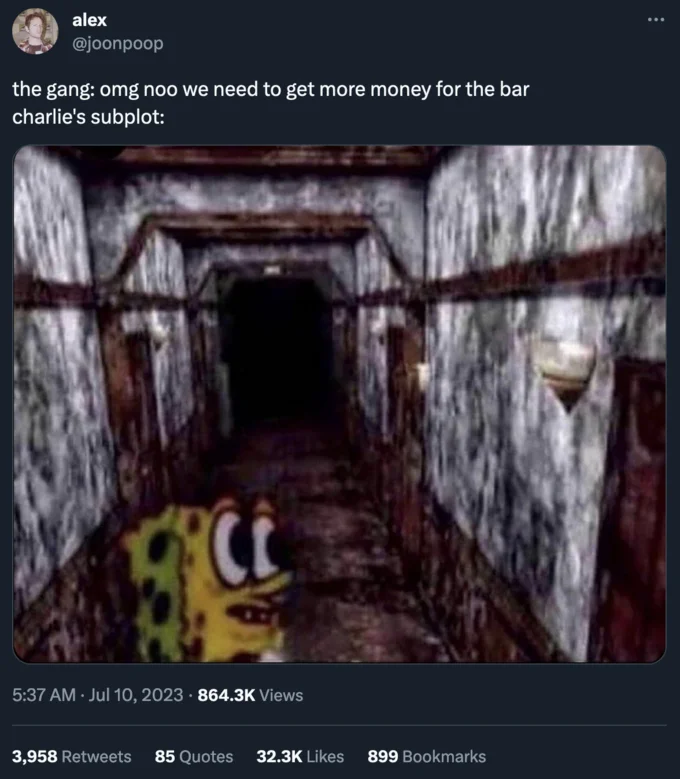 SpongeBob In Silent Hill — Tweet by alex making an Always Sunny joke with the SpongeBob Silent Hill hallway image