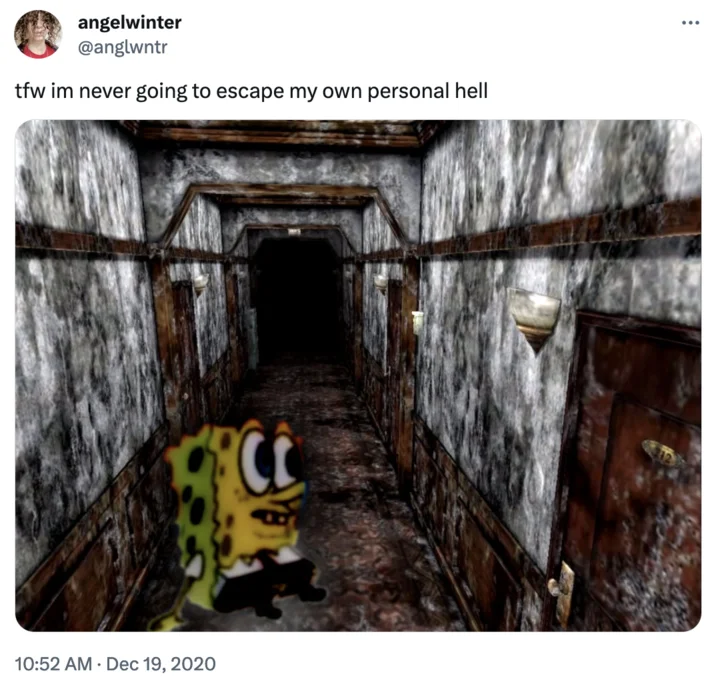 SpongeBob In Silent Hill — Tweet by angelwinter featuring the SpongeBob Silent Hill hallway image with caption about personal hell