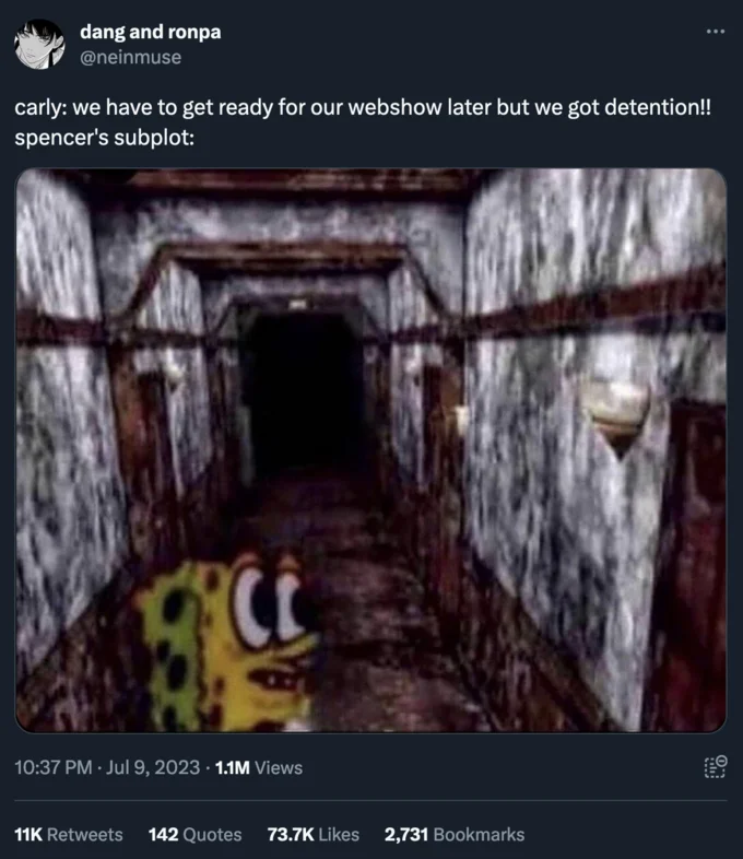SpongeBob In Silent Hill — Tweet by dang and ronpa making an iCarly joke using the SpongeBob Silent Hill image