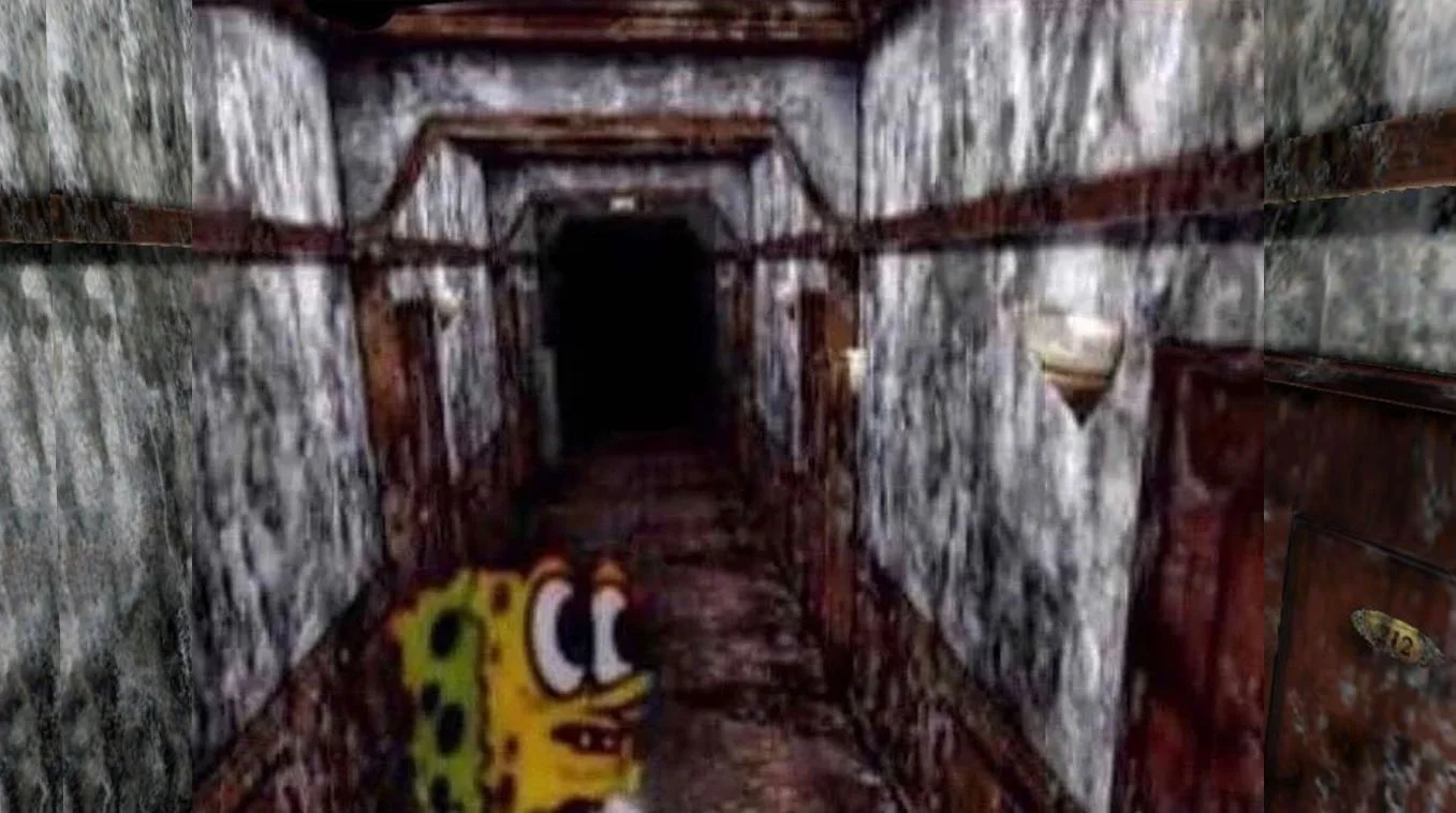 SpongeBob In Silent Hill — SpongeBob SquarePants crouched in a dark, rust-stained corridor from Silent Hill