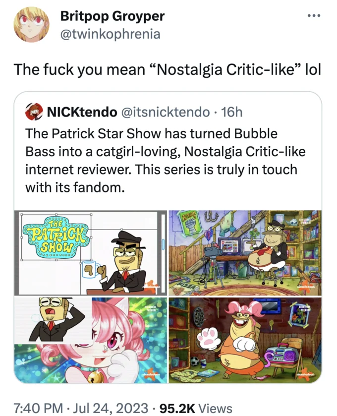 Spongebob Nostalgia Critic Episode Bubble Bass Reviews — Britpop Groyper quote tweet mocking Nostalgia Critic comparison