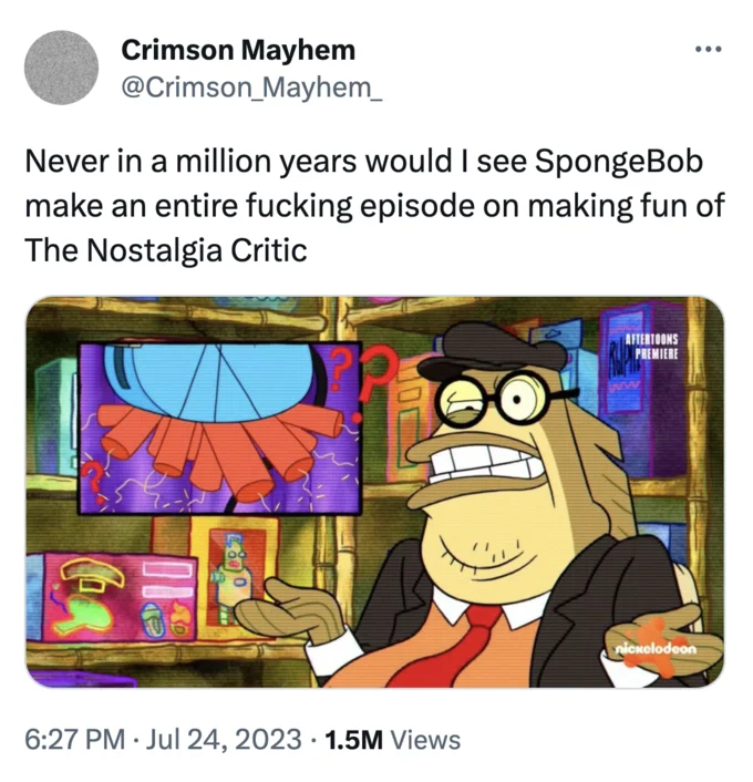 Spongebob Nostalgia Critic Episode Bubble Bass Reviews — Tweet reacting in shock to SpongeBob episode about Nostalgia Critic
