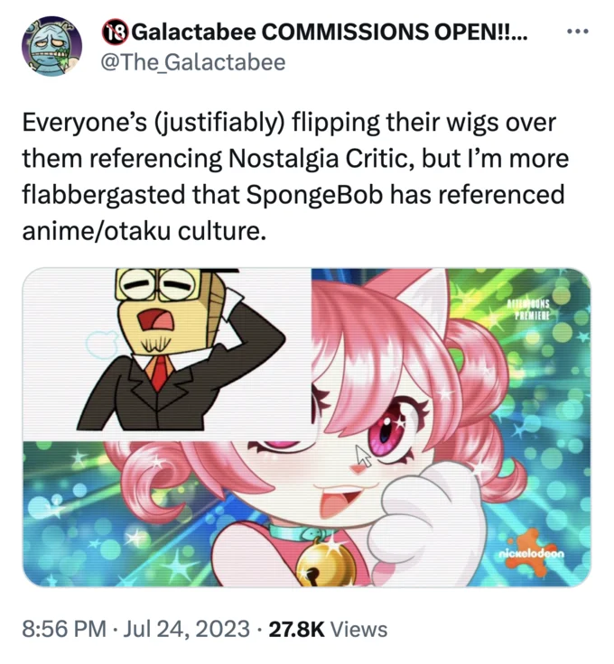Spongebob Nostalgia Critic Episode Bubble Bass Reviews — Galactabee tweet about SpongeBob referencing anime and otaku culture