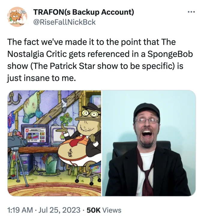 Spongebob Nostalgia Critic Episode Bubble Bass Reviews — TRAFON tweet expressing amazement at the specificity of the Nostalgia Critic reference