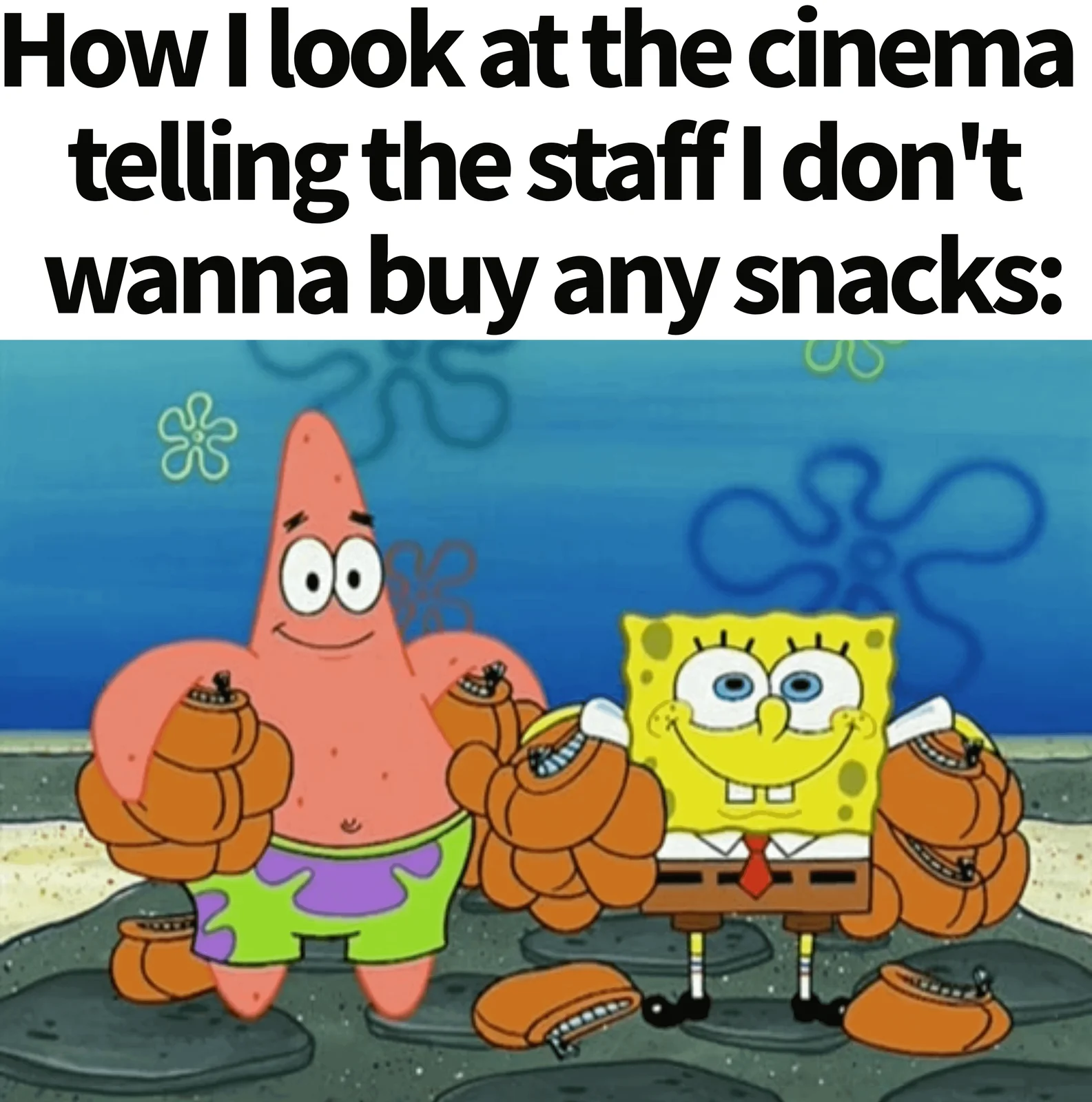 Spongebob SquarePants — SpongeBob and Patrick display exaggerated facial expressions while holding baskets, depicting the struggle to maintain composure.