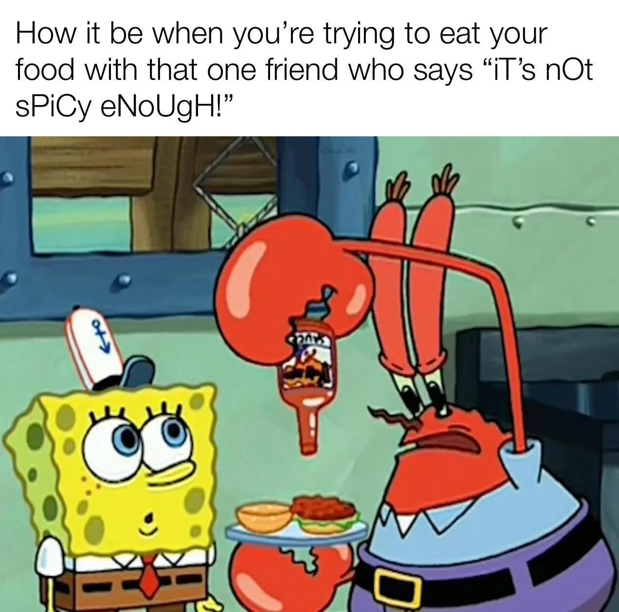Spongebob SquarePants — SpongeBob and Mr. Krabs react dramatically to food with exaggerated facial expressions and body language showing opposing reactions.