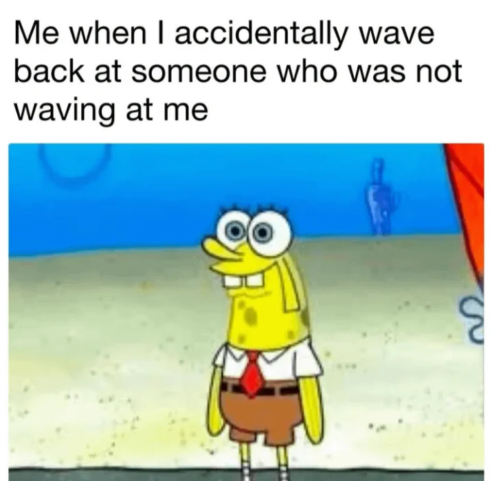SpongeBob SquarePants waves with an enthusiastic, wide-eyed expression in an iconic reaction meme template with characteristic cheerful demeanor.