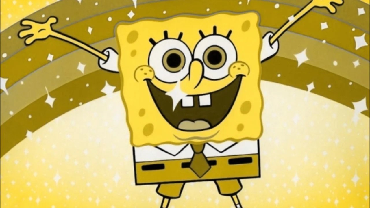 Spongebob's "Best Day Ever" — SpongeBob SquarePants smiling with arms raised in front of a golden rainbow and sparkles