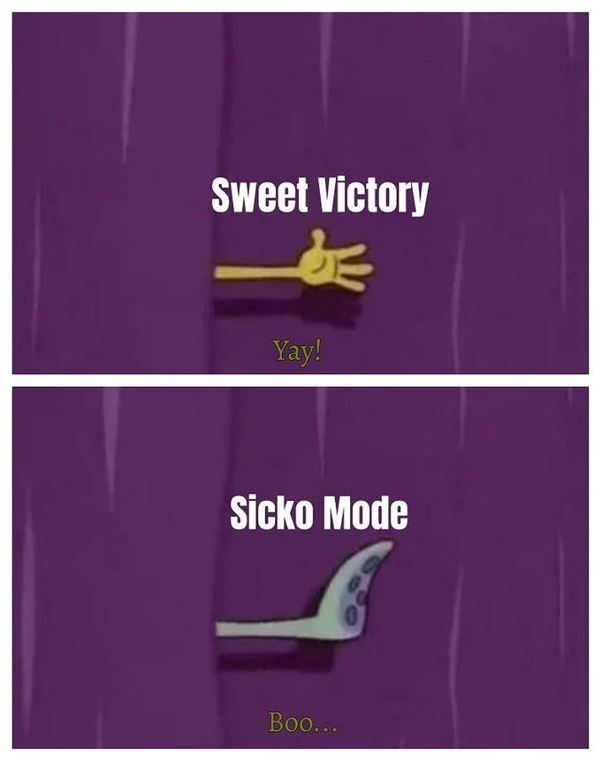 Spongebobs Sweet Victory Concert — A two-panel meme template comparing 'Sweet Victory' with Squidward's hand at the top and 'Sicko Mode' with another