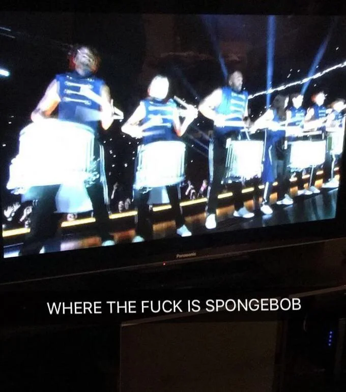 Spongebobs Sweet Victory Concert — A 2019 Super Bowl halftime stage with performers in blue and white uniforms captioned with frustrated disappointment about