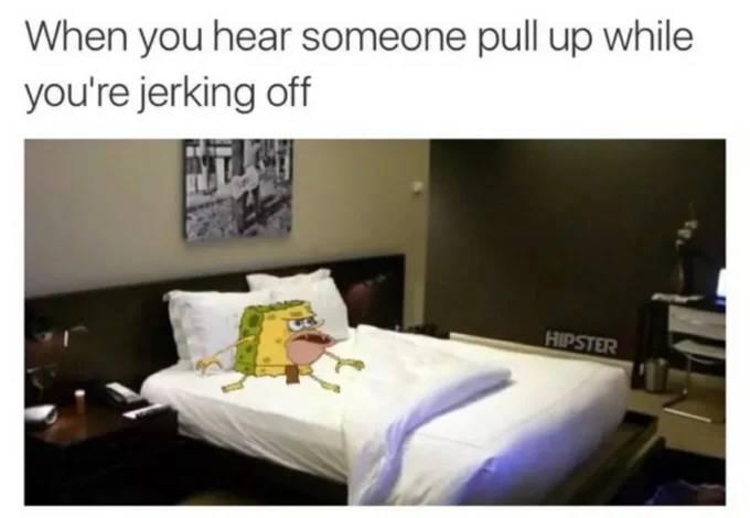 SpongeGar — Caveman SpongeBob sprinting down a blurred grocery store aisle meme.