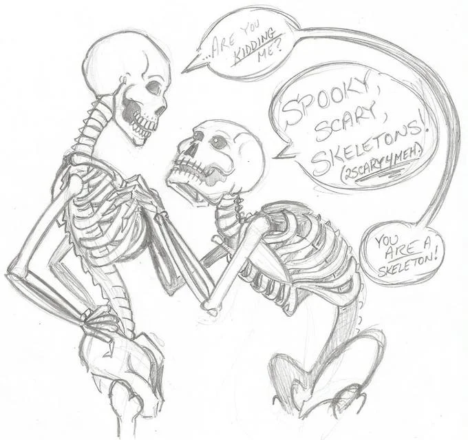 Pencil-sketched fan art of two skeletons in conversation with speech bubbles about spooky scary skeletons.