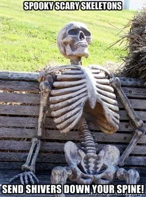 Plastic skeleton prop seated on a park bench with bold text quoting 'Spooky Scary Skeletons' and song lyrics.