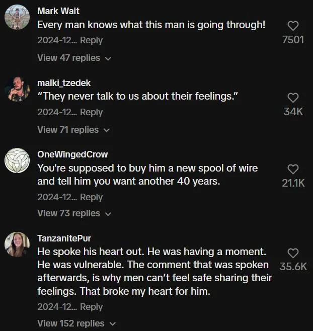 TikTok comments section showing supportive reactions to Spool of Wire Guy video