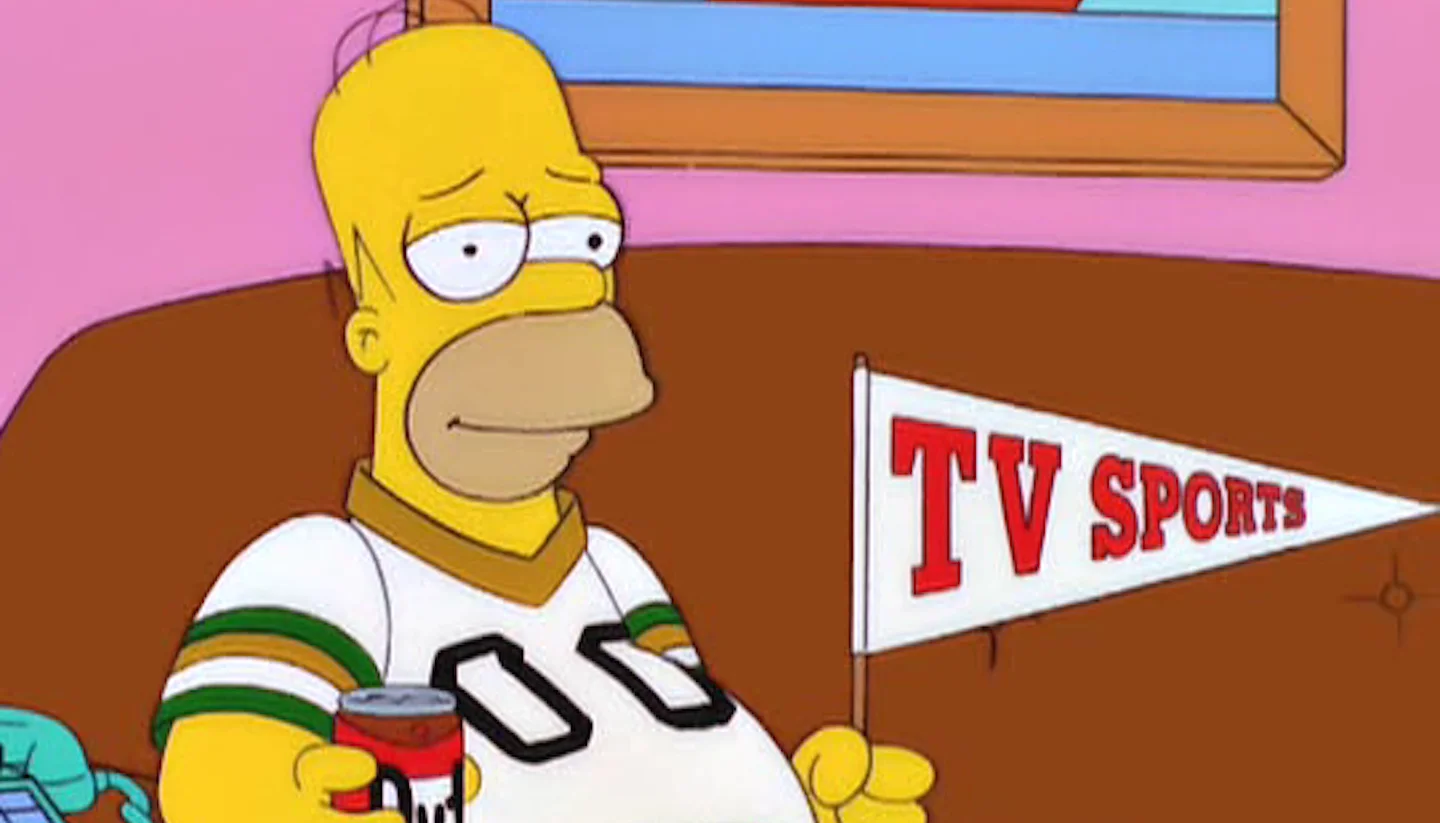 Sportsball — Homer Simpson in sports jersey holding beer and 'TV Sports' pennant