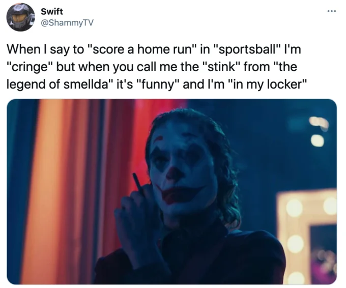 Tweet joking about sportsball cringe with Joker Joaquin Phoenix image