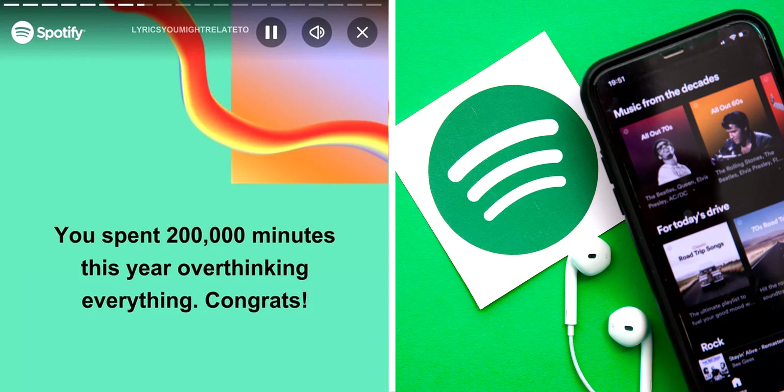 Spotify Wrapped Memes — Two-panel composite Spotify Wrapped meme combining wrapped card with Spotify logo, app interface, and earbuds.