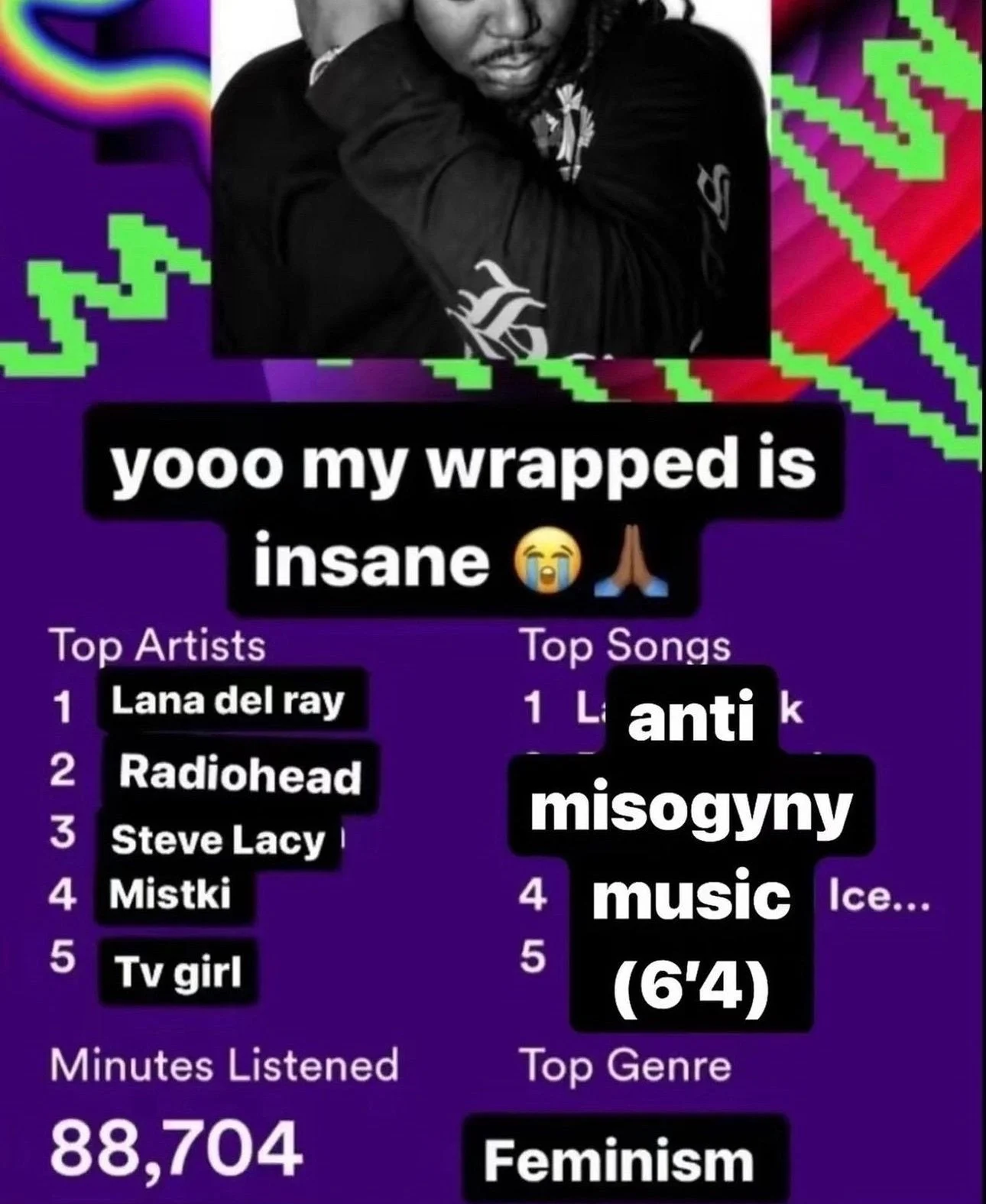 Spotify Wrapped Memes — Spotify Wrapped meme with person in dark clothing and colorful overlays joking about unusual top categories like 'misogyny music.'