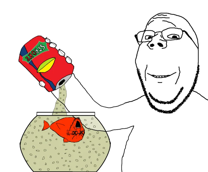 Simplified line-drawn character holding Sproke can pouring into fishbowl with red fish.