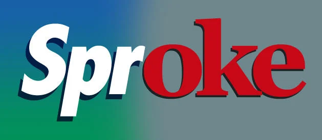 Stylized Sproke logo with white and red lettering over a blue-to-gray gradient background.