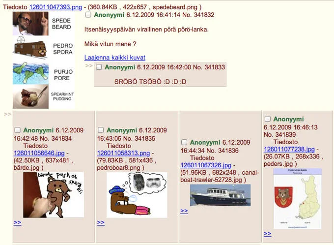 Spurdo Sparde — Finnish imageboard thread screenshot showing early Spurdo Spärde drawings and character variants