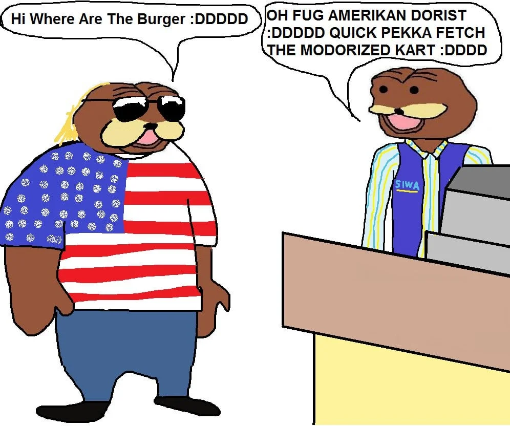 Comic-style illustration of two Spurdo characters conversing in broken English, one wearing American flag clothing asking about burgers, the other responding