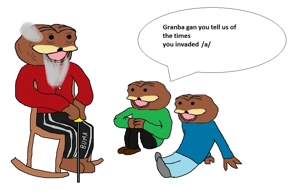 Cartoon illustration depicting an elderly Spurdo character in a red jacket recounting stories to younger Spurdos with brown beaver-like creature design.