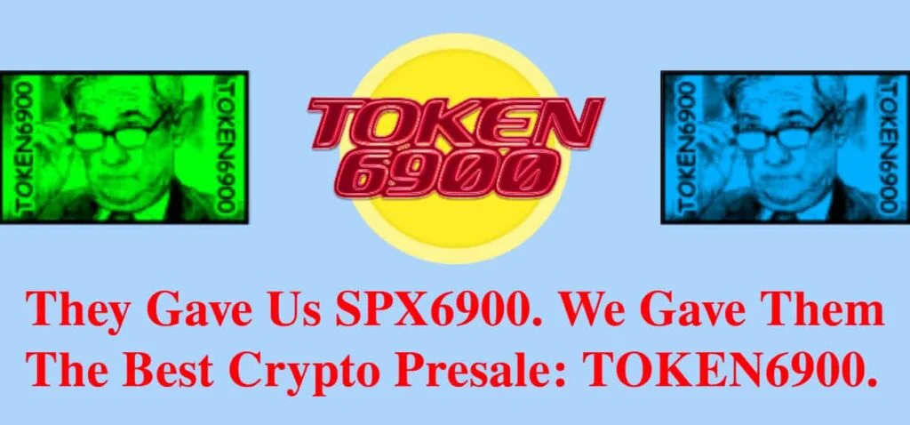 A colorful cartoon-style graphic with green and blue sections and central yellow sun, with red text about SPX6900 and TOKEN6900 crypto presale.