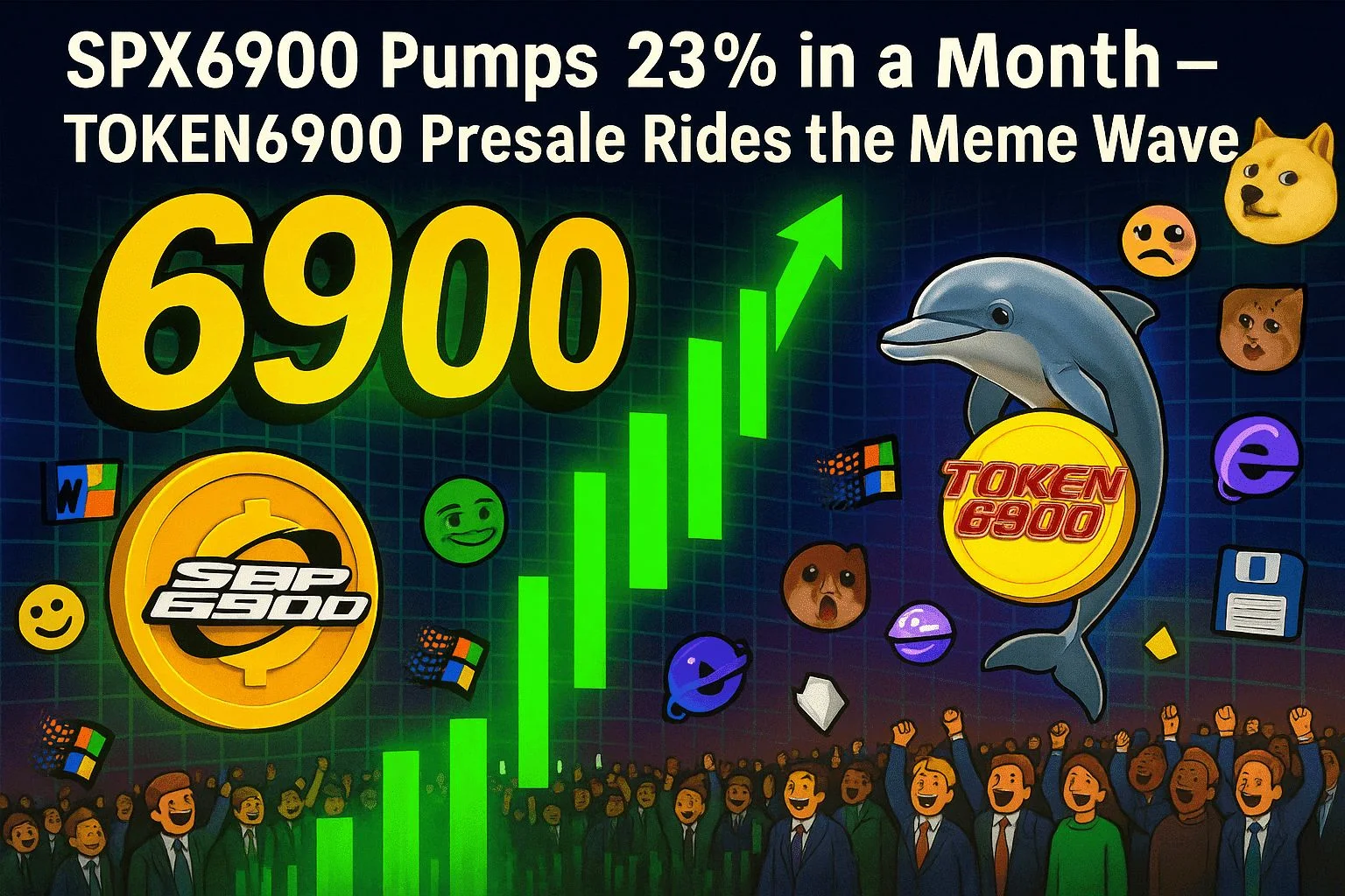 SPX6900 — A crowded financial infographic combining meme culture with trading data, featuring 6900, upward green arrow, cryptocurrency symbols, and text about