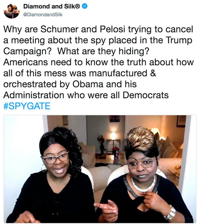 Diamond and Silk tweet defending Trump with hashtag SPYGATE