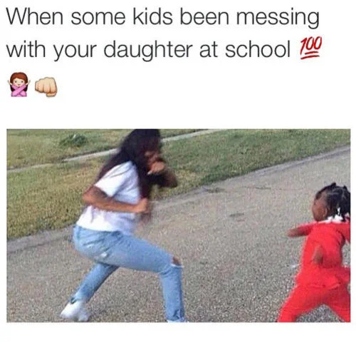 Square Up — Woman and small child squaring up in fighting stances on a street with meme caption